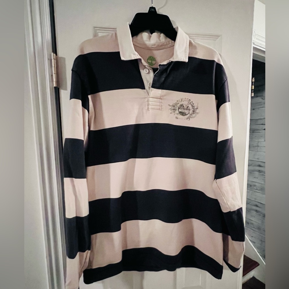 VINTAGE   Timberland Black and Cream Striped Rugby Shirt